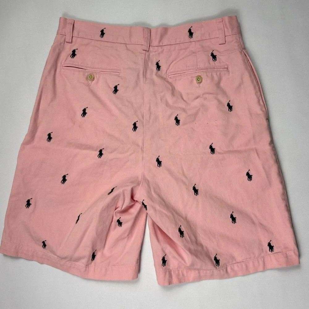 Y2K Polo Ralph Lauren Mens 30 Pink Chino Shorts All Over Pony Logo Embroidered